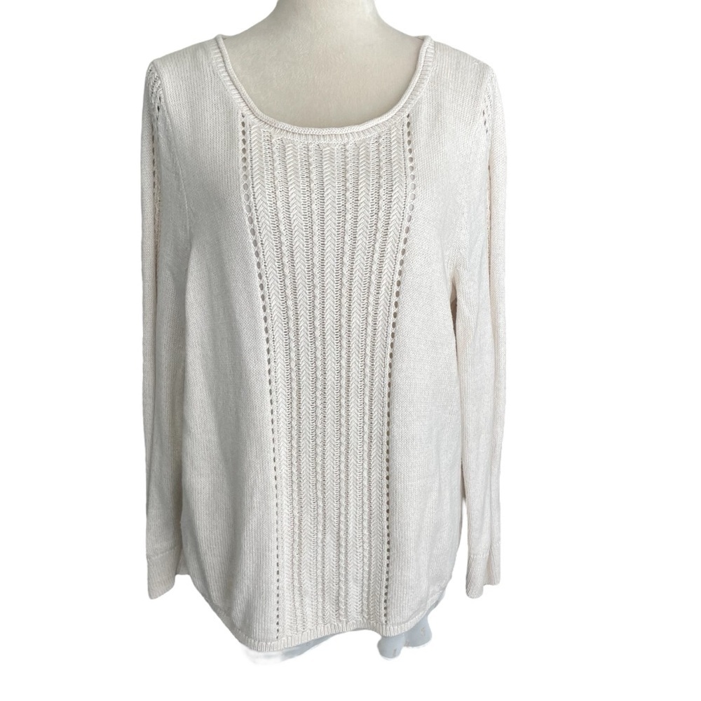 Lucky Brand Cable Knit Sweater Women Size XL Ivory Pullover Split Back Boho‎ Y2K